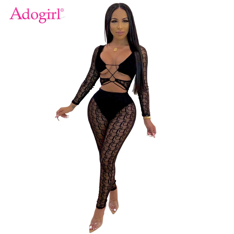 

Adogirl Women Sexy Sheer Mesh Bandage Jumpsuit Crisscross Lace Up Strapless Long Sleeve Skinny Romper Night Club Party Bodysuits