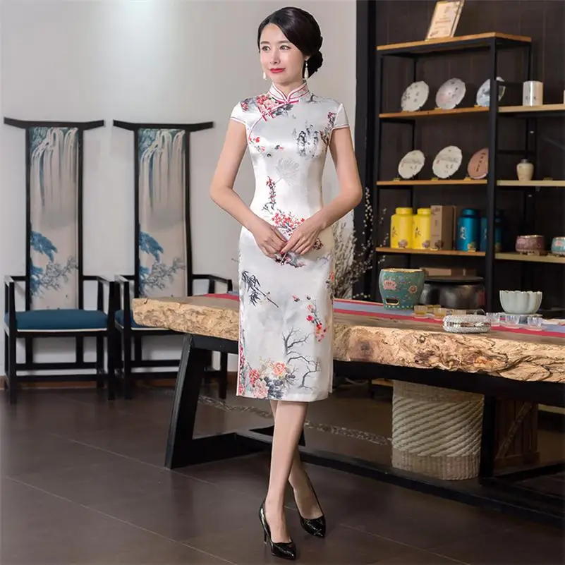 Традиционное китайское платье Vestidos женские атласные Qipao ручной работы Кнопка Ципао Cheongsam цветок размер M-4XL