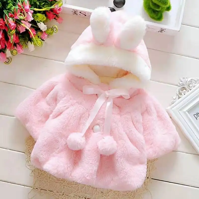 Пальто для новорожденных; пальто для маленьких девочек; детская куртка с милыми заячьими ушками; теплое пальто с капюшоном и мехом; сезон осень-зима; одежда с героями мультфильмов - Цвет: Розовый