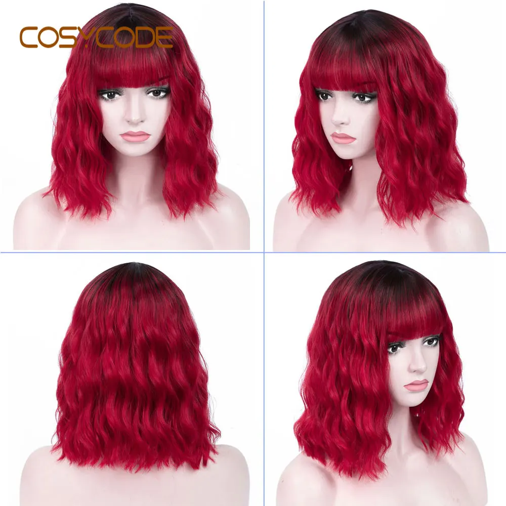 black to red COSYCODE парик с челкой 99J бордовый темно-красный некружевной Синтетический Косплей вечерние парики для женщин костюм - Цвет: black to red