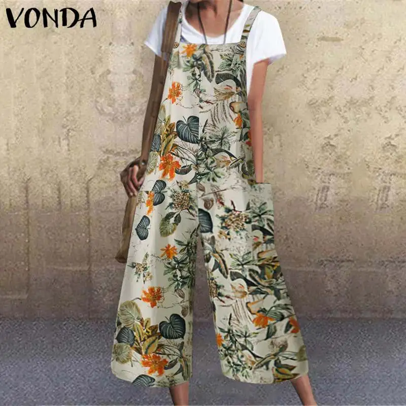 

Summer Beach Overalls Playsuits Vintage Printed Rompers Women Jumpsuits VONDA 2020 Ankle-Length Wide Leg Pants Plus Size