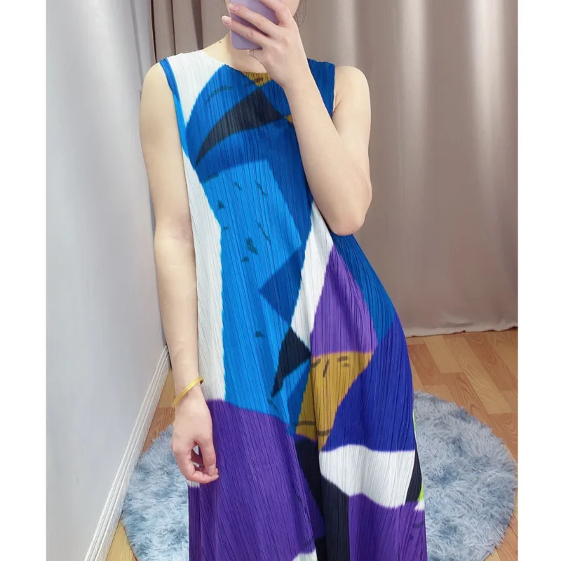 [DEAT] 2020 New Summer Fashion Pleated Dress Women Hit Color Print Csaul Sleeveless Loose Over Size Elegant Round Collar TX069