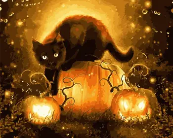 

Pumpkin black cat Animal DIY Drawing Painting by Numbers Lage Size Picture on Wall Decoration Children Gift 40x50 50x65cm