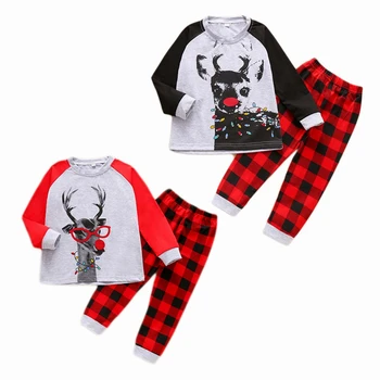 買取 子供クリスマスパジャマセット秋冬子供の少年少女ツーピースパジャマ鹿プリントプルオーバー赤のチェック柄パンツ1-7Years