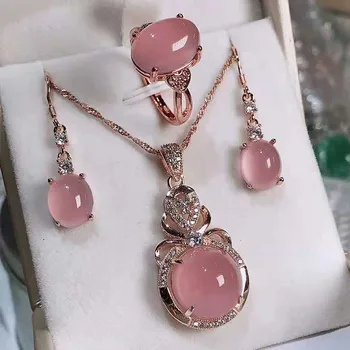 

Natural ice jade inlaid 925 Silver Ring Pendant ring earrings three piece set