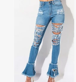 

2020 Women Plus Size Sexy Hole Ripped Flare Jeans Streetwear High Waist Wide Leg Denim Pants Bell-Bottoms Trousers Female