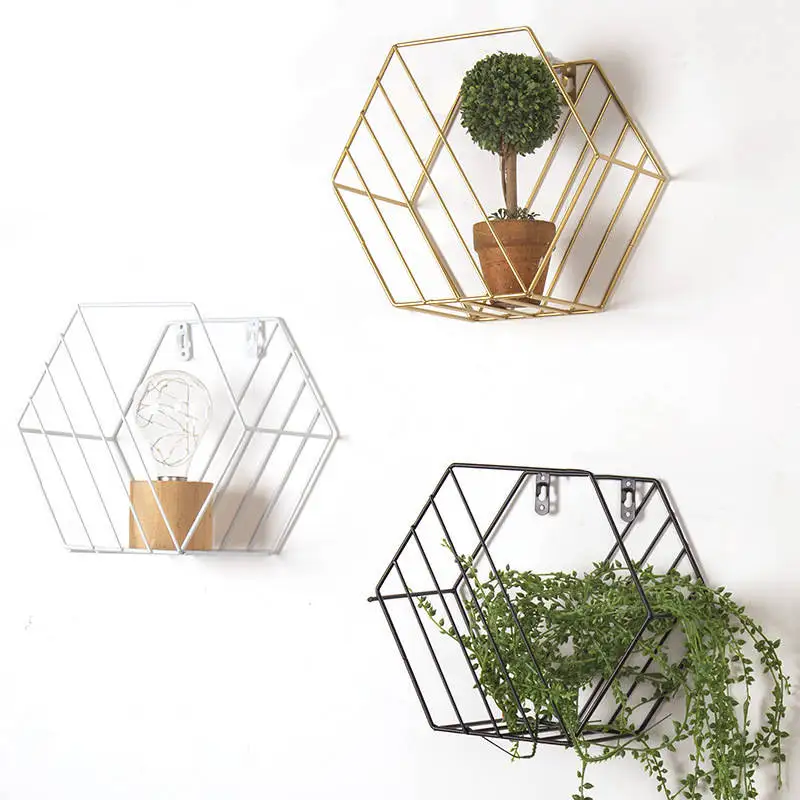 Iron Metal Grid Wall Decor Hexagon Shelf Wall Hanging Floating Shelves Geometric Figure Home
