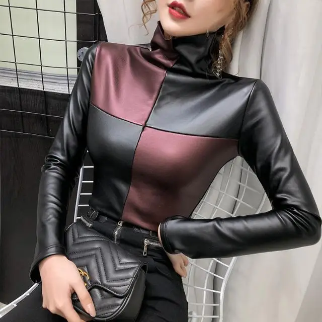 

Women's 2020 new fashion fashion Plush color matching with leather coat Long Sleeve slim top
