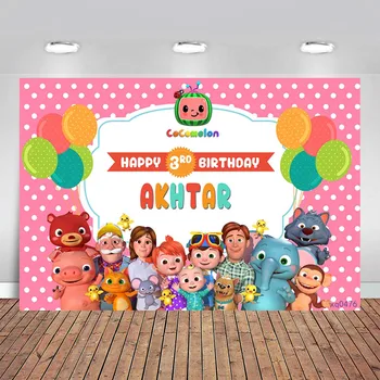 

Pink Cocomelon Family Birthday Party Backdrops for Girls Balloons White Polka Dots Photography Backgrounds Custom