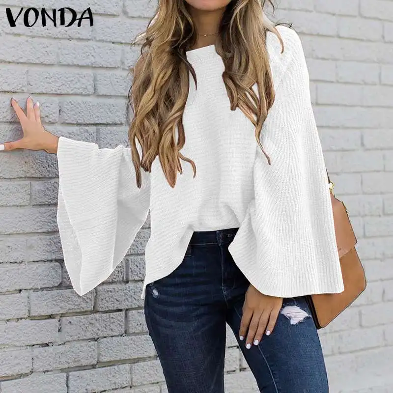 

2019 VONDA Woman Bell Sleeve Blouse Autumn Winter Loose Knitwear Tops Pullover Shirts Plus Size Bohemian Party Blusas 5XL Tunics
