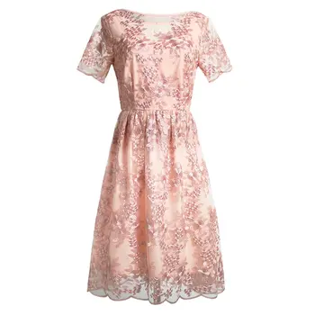 

Hot Sale Flower Embroidery Women Dress Elegant O-Neck Short Sleeve A-Line Dresses D1224