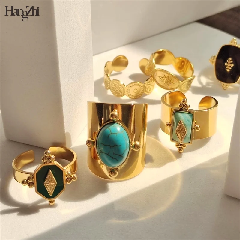 HANGZHI новые винтажные металлические открытые кольца из нержавеющей стали с