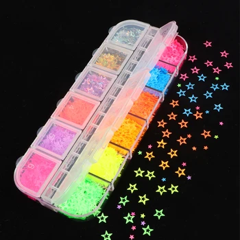 

12 Grids Fluorescence Hollow Heart Neon Star Shapes Nail Art Glitter Flakes 3D colourful Sequins Polish Manicure Nail Decoration