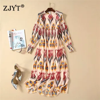 

2020 New Spring Runway Dress Women Fashion Vestidos Long Sleeve Abstract Print Casual Holiday Mid Calf Chiffon Dresses