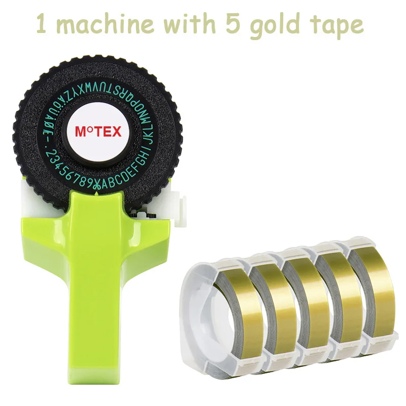 Зеленый цвет MoTex E101 принтер мини DIY Ручная Совместимость для dymo 3D тиснение ручная лента ручная машинка надпись машина - Цвет: machine with 5 gold