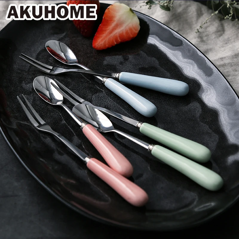 Stainless Steel Ceramic Fruit Fork Set Coffee Creative Cute Cake Dessert | Дом и сад