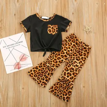 

Explosion models 2-6 years old children baby short-sleeved strap T-shirt + leopard flared pants two-piece girl suit