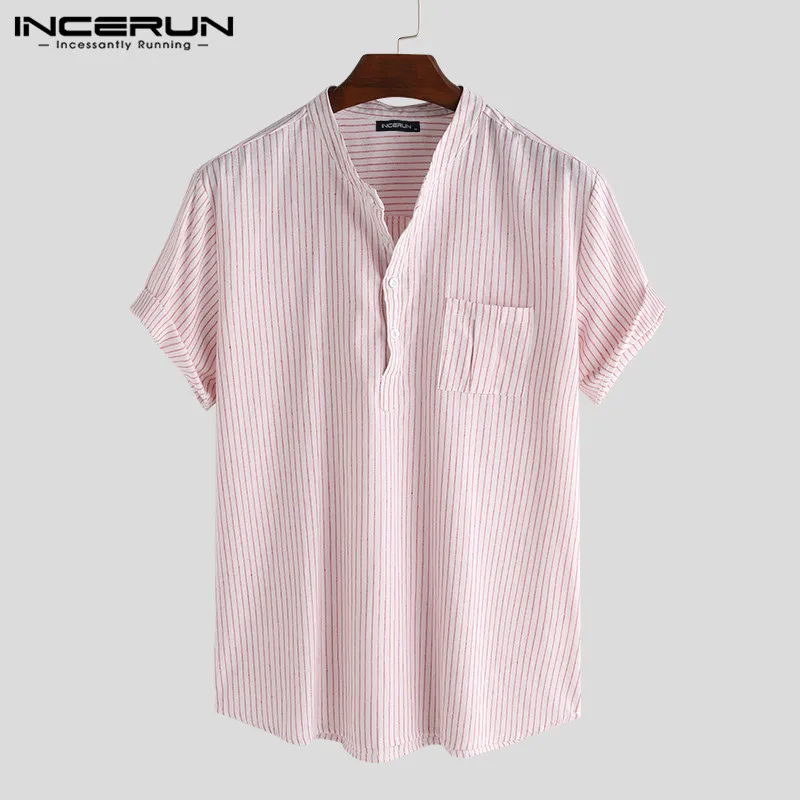 Модная рубашка в полоску для мужчин, с воротником-стойкой, 2019, на пуговицах, высокое качество, повседневные топы, короткий рукав Харадзюку