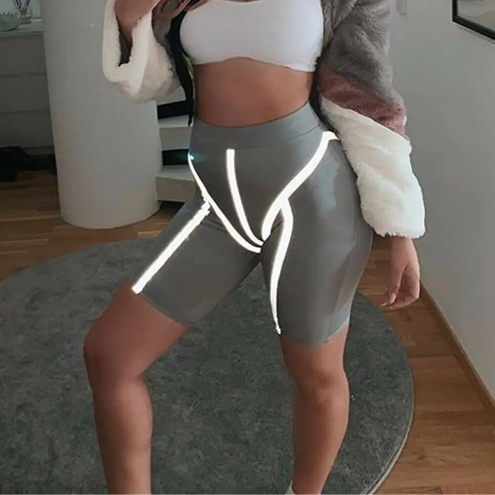 

2019 Fashion Trend Women Stylish Unique Reflective Stretch Biker Shorts Workout Casual Exercise Sportswear Club Short Trousers