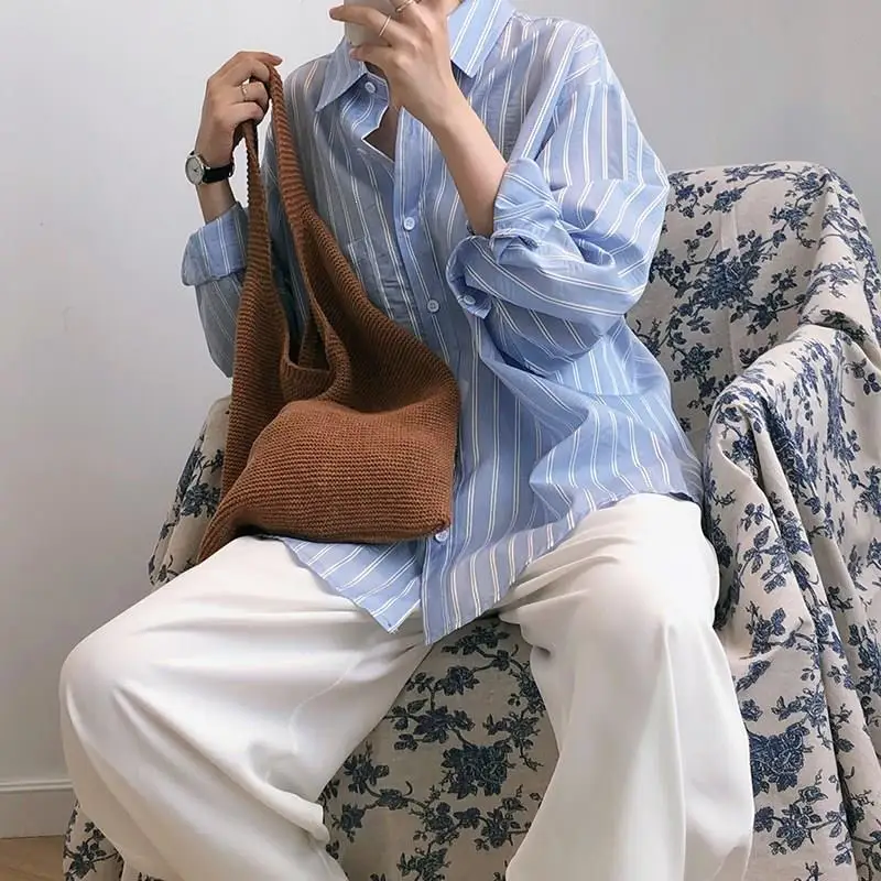 

Spring Nice Femme Korean Shirt Turn-Down Collar Women Cardigan Stripe Long Bf Loose Stripe Blouse