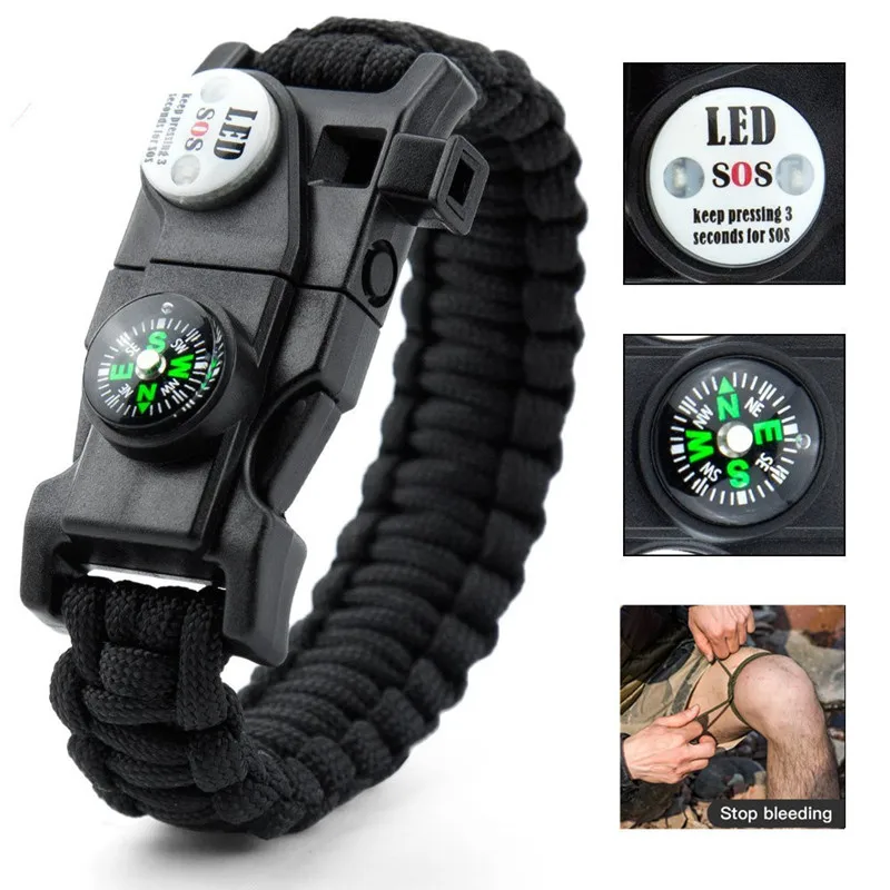 

Outdoor SOS LED Light Survival Bracelet Paracord Braided Rope Men Women Camping EDC Tool Emergency Compass Whistle