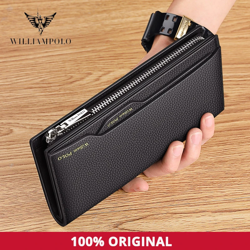 WILLIAMPOLO Long Wallet Men Clutch Bag With Strap Leather Men's Phone  Credit Card Luxury Removable Card Holder Walet PL191469