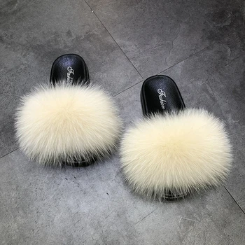 

2020 autumn new fashion all-match fox fur slippers one-word flat fur plus size fur slippers women