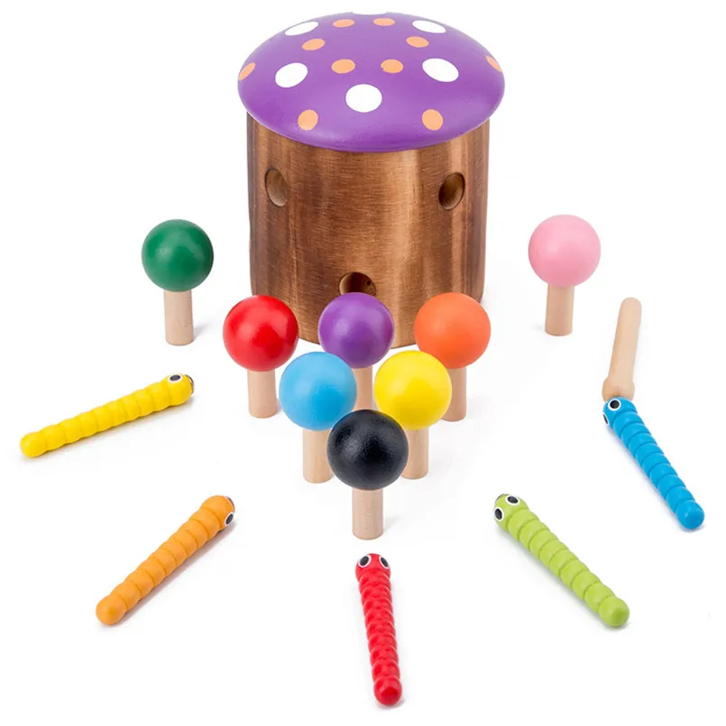 3D Монтессори Деревянные игрушки Дети Магнитная ловля червь гриб соответствующие парные игры раннего образования детское дерево