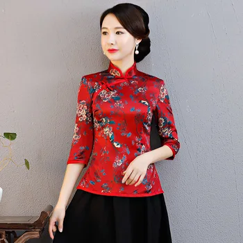 

Red Summer Women's Shirt Tops Vintage Chinese Lady Rayon Blouse Short Sleeve Button Qipao Mujer Camisa Size S-5XL