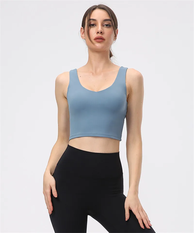 Solid Color Sports Tank Soft Yoga Vest Crop Top Moisture Wicking Tight Fitness Bra Women No Rims Removable Chest Pad Gym Clothes