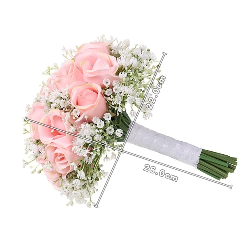 Handmade 18PCS Artificial Babysbreath Rose Bridal Wedding Bouquet With White Ribbon Real Touch For Wedding Home Party DIY Decor
