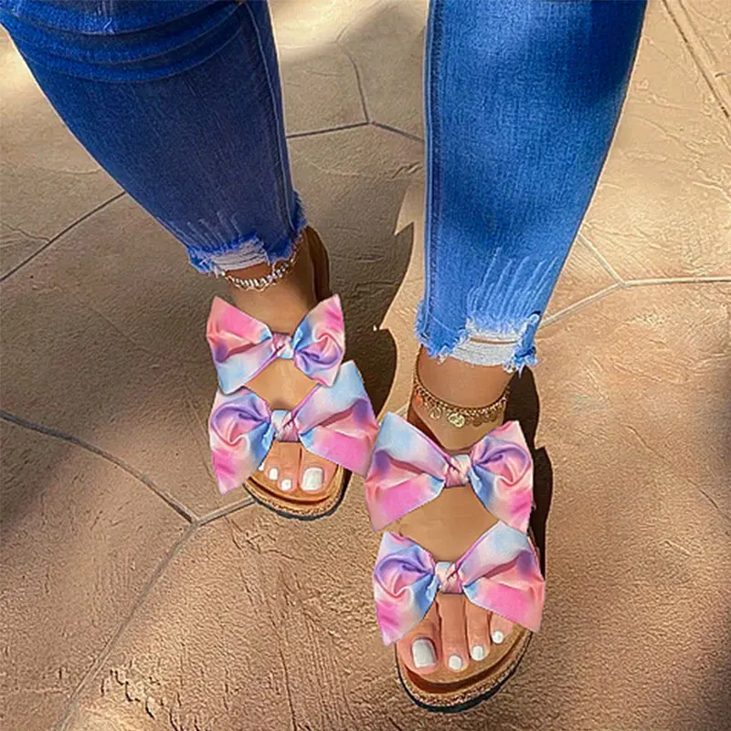 Women Rainbow Slippers Woman Leopard Knot Shoes Female Bowties Slides 2020 Summer Women