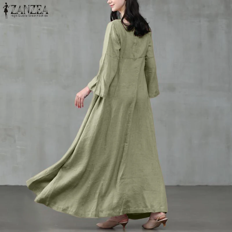 Retro Square Neck Maxi Dress Womens Autumn Sundress ZANZEA 2020 Casual Flare Sleeve Vestidos Female Solid Robe Oversized 5XL