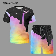 

2021 Trendy Summer Men Set Milk Cup Starry Sky Print Short Sleeve Tracksuit T-Shirt Shorts Can Separate Sell Unisex Casual Suit