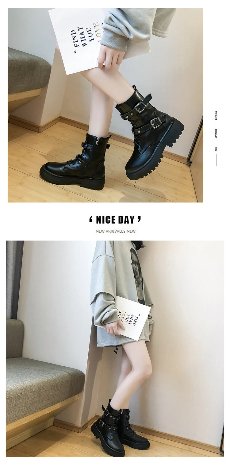 Autumn Ankle Boots Women Platform Boots Double Buckle Black Leather Martins Boots Punk Shoes Woman Thick Bottom Motorcycle Boots