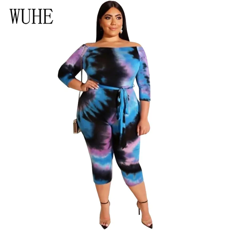 

WUHE Vintage Tie-dyed Printed Tight-fitting Sexy Jumpsuits with Belt Elegant Slash Neck Hollow Out Playsuits Plus Size 4XL 5XL