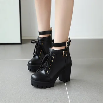 online Mais Tamanho Punk Goth Preto Branco Fivela Cinta Biker Ankle Boots Para As Plataformas Femininas Bloco De Salto Alto Das Mulheres Sapatos Góticos