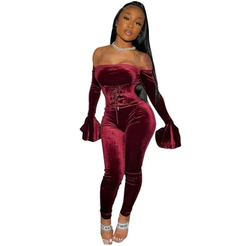 

Sexy off the shoulder bandage trumpet sleeve top bodycon pants velvet Winter women Two Piece Set Women Clothing Sexy