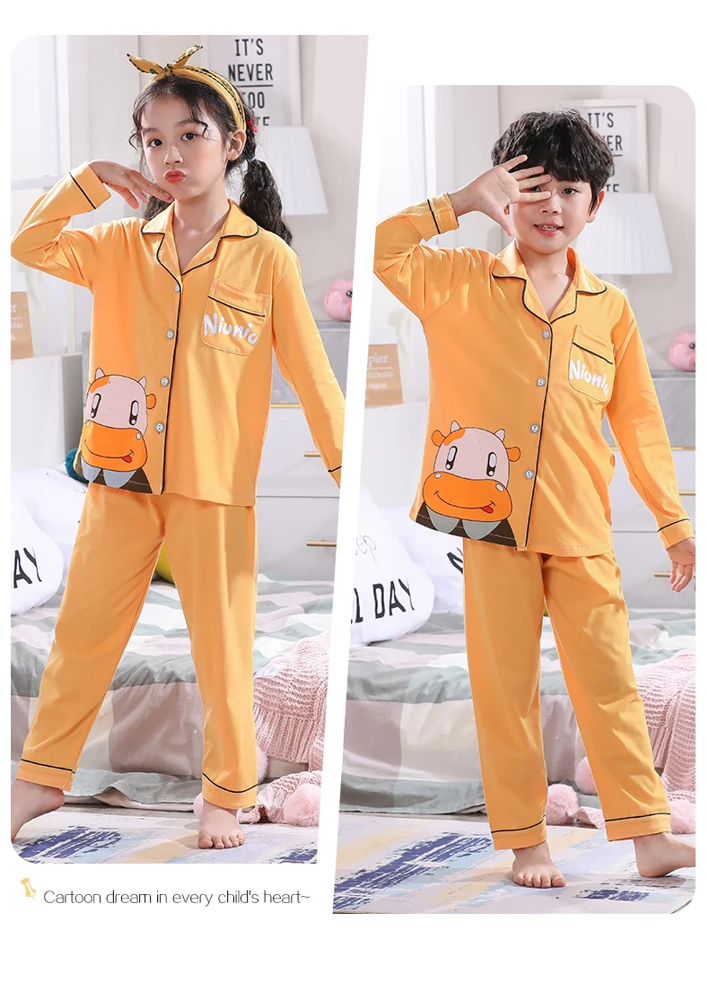 cheap cotton nightgown Children pajamas set 2021 Spring Teen girls Pure cotton Cartoon clothes home clothes Kids Long Sleeve Cardigan Top Pants pyjamas cotton nightgowns