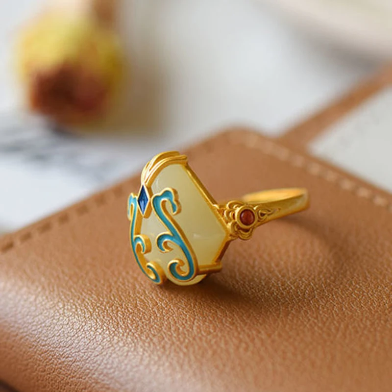 Silver Chinese retro enamel ring inlaid with Hetian jade adjustable opening for women silver ring,silver rings,jade ring
