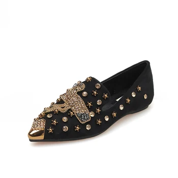 

Rhinestone Metallic Toe Flat Shoes Woman Bling Crystals Rivets Casual Flats Shallow Slip On Ladies Loafers Driving Shoes Female