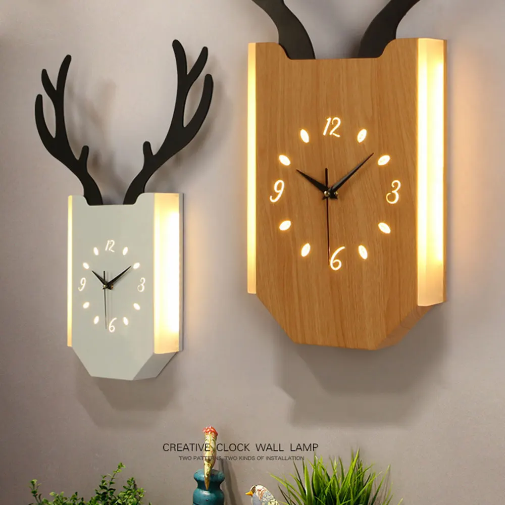 18W Wall Clock Lamp Bedroom Nordic Antlers Modern Living Room Bedside Clock Wall Light Indoor Lighting Industrial Decoration