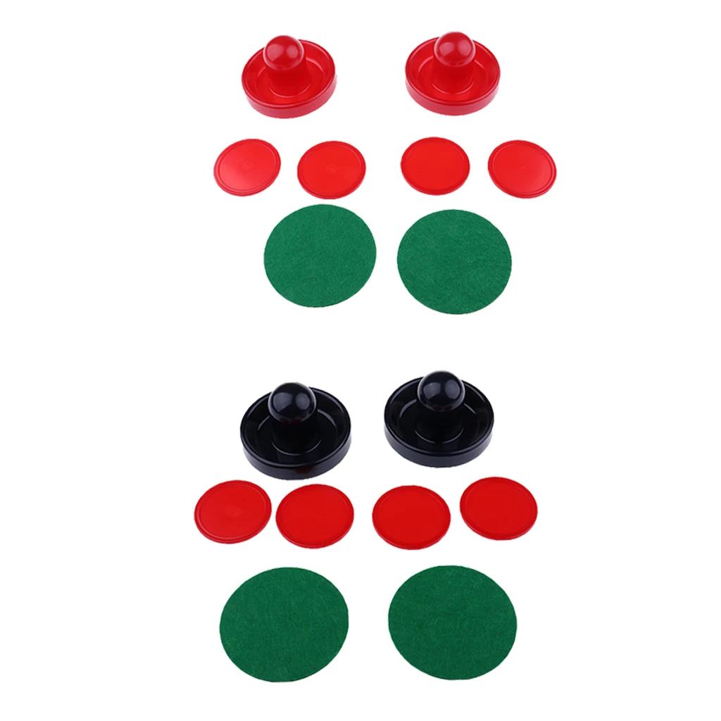 Two Air Hockey Felt Pushers Strikers Goalies Plus Four Pucks Set Three Sizes Red Dark Blue