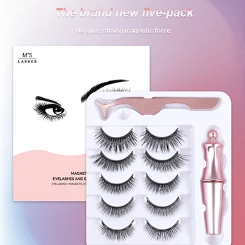 

5pairs Extension Long Lasting Gift Magnetic Eyelashes Set Waterproof No Glue Beginner With Tweezer False Liquid Eyeliner