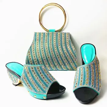 

Luxury water green wedding/party sets African high heel shoes with bag sets nice slipper and purse ASB5 Heel Height 7CM