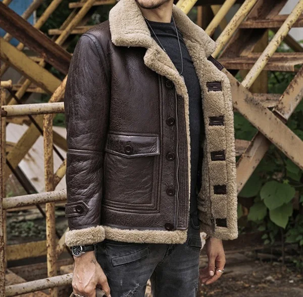winter men's fashion vintage color lamb sheep fur sheepskin leather surface shearling wool lining biker jacket coat - Цвет: Коричневый