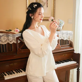 

Autumn Long-Sleeved Cotton Pajamas Retro Long Sleeve Trousers Pyjamas Women White V-Neck Two Piece Set Loose Sexy Nightwear