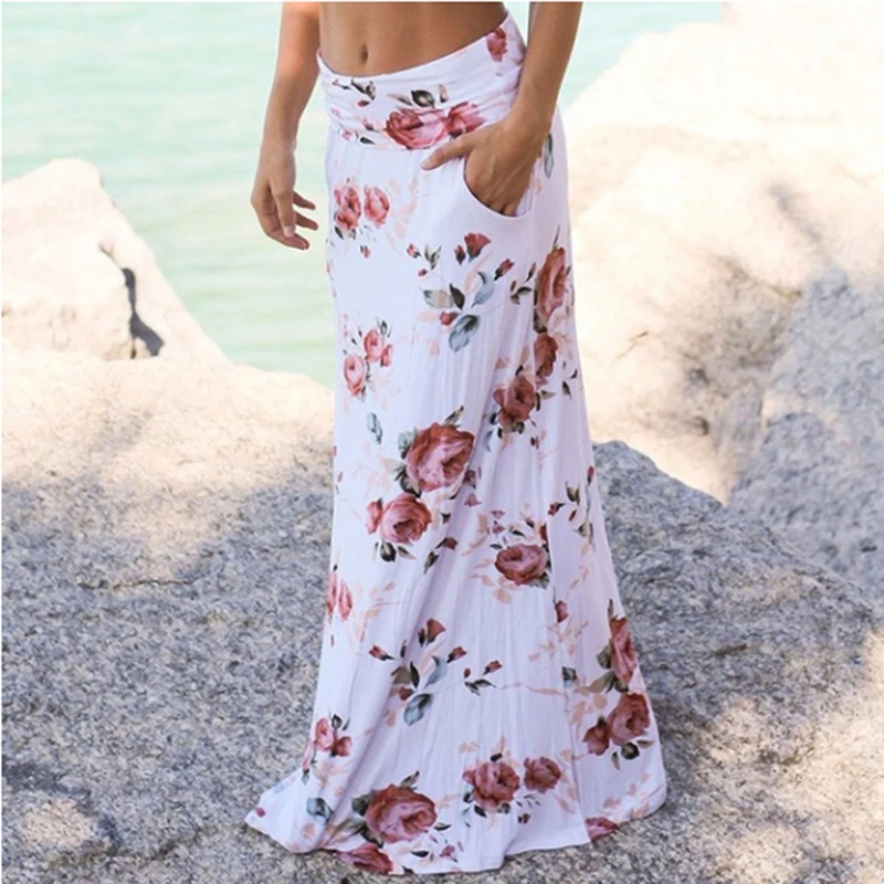 Bigsweety Boho Цветочные Печатные макси юбки пляжная длинная юбка с эластичной талией Faldas Saia Женские карманные повседневные