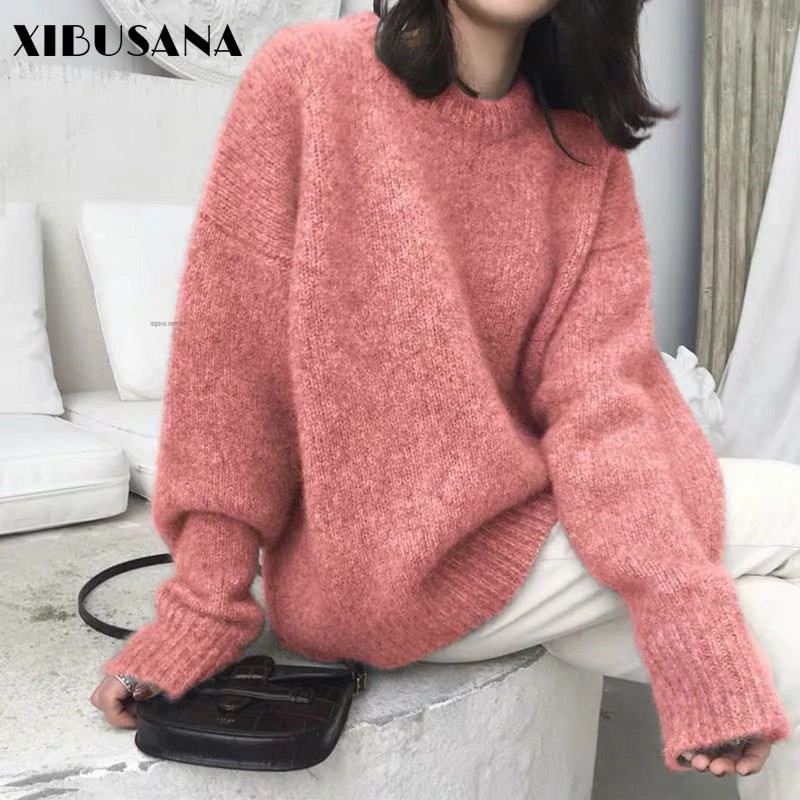

XIBUSANA 2020 Winter New Thickened Solid Pullovers O-Neck Sweaters Female Casual Long Sleeve Loose Cotton Knitting Tops Women's