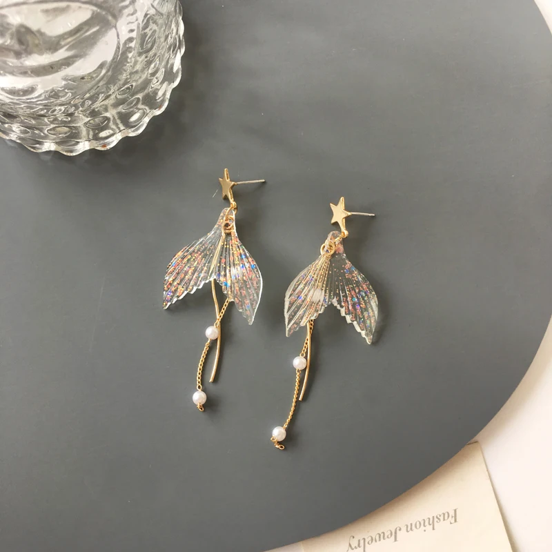 Timlee E274 New Temperament Mermaid Tail Tassels Imitation Pearl Star Long Drop Earring Fashion Accessories drop earrings dangle earrings long earrings